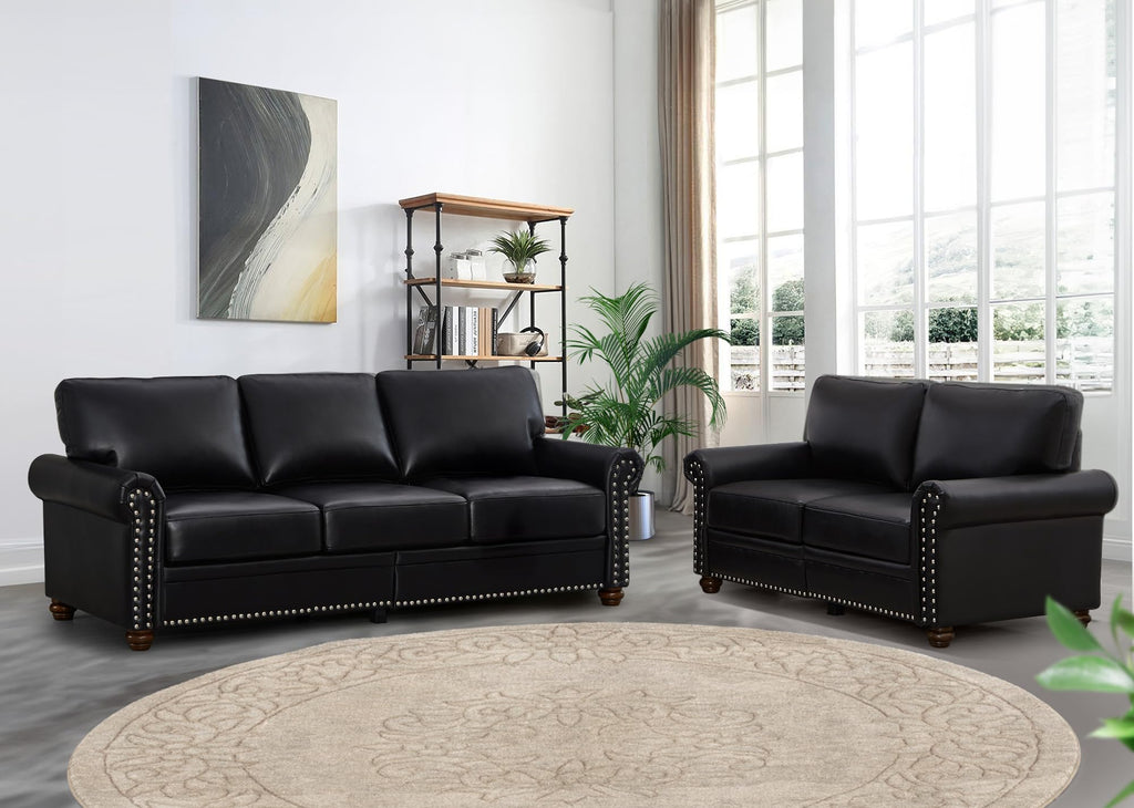2 Piece Faux Leather Sofa Set,Modern Couch and Loveseat Sets with Storage,Mid Century Couch with Rivet Rolled Arm,Comfy Deep Seat Sofa,Furniture for Living Room,Office(Loveseat+3 Seater,Navy)