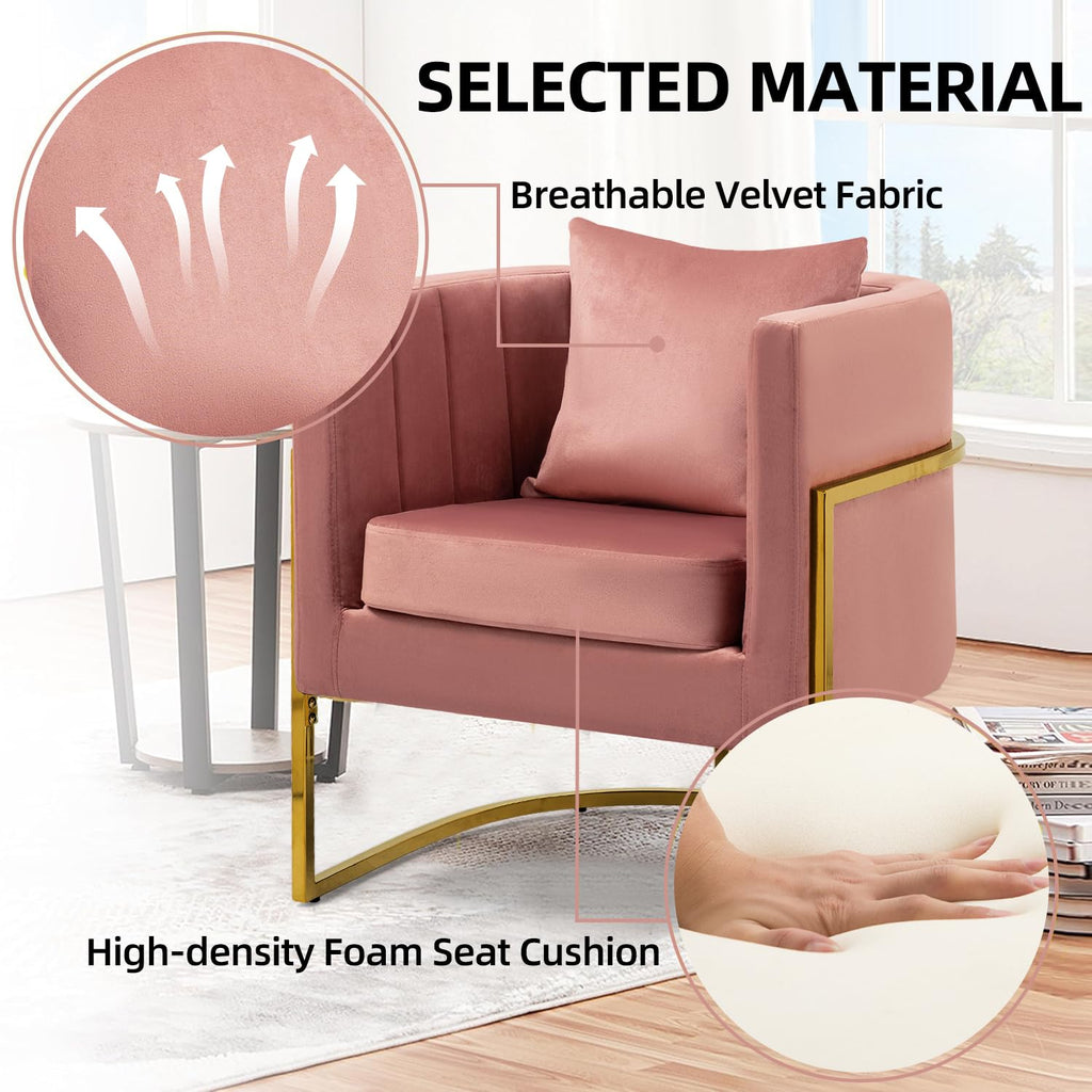Velvet Accent Barrel Chairs Set of 2, Modern Arm Club Chair Set with Pillow for Living Room/Bedroom/Guest Reception, Channel Tufted, Gold Finish Base, Orange