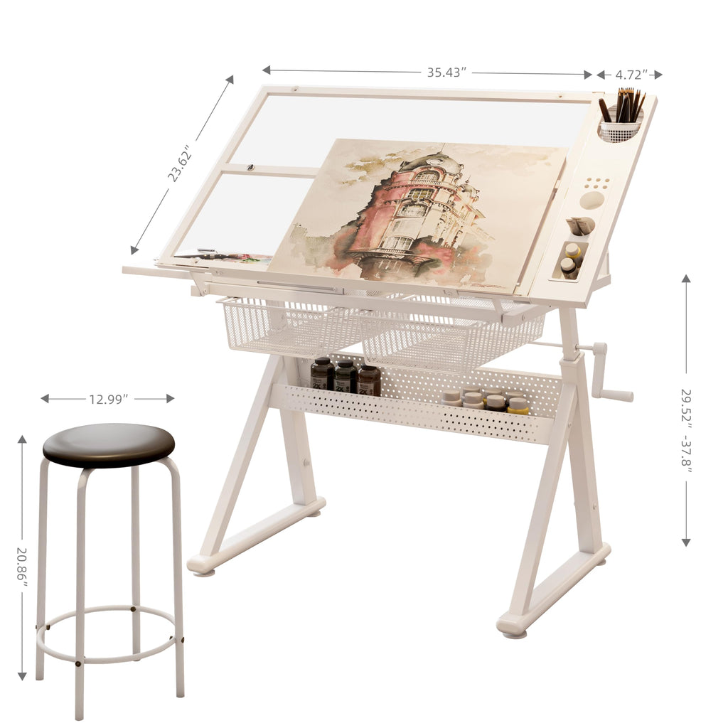Drafting Table and Stool Set for Adults/Artists, Drawing Table with Adjustable Tabletop and Height, Art Workstation for Painters Crafting Reading Writing Home Office, All White