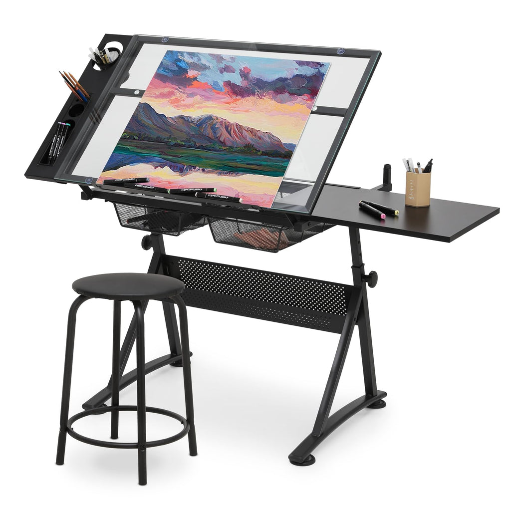 Drafting Table, Clear Glass, Angle Adjustable Top