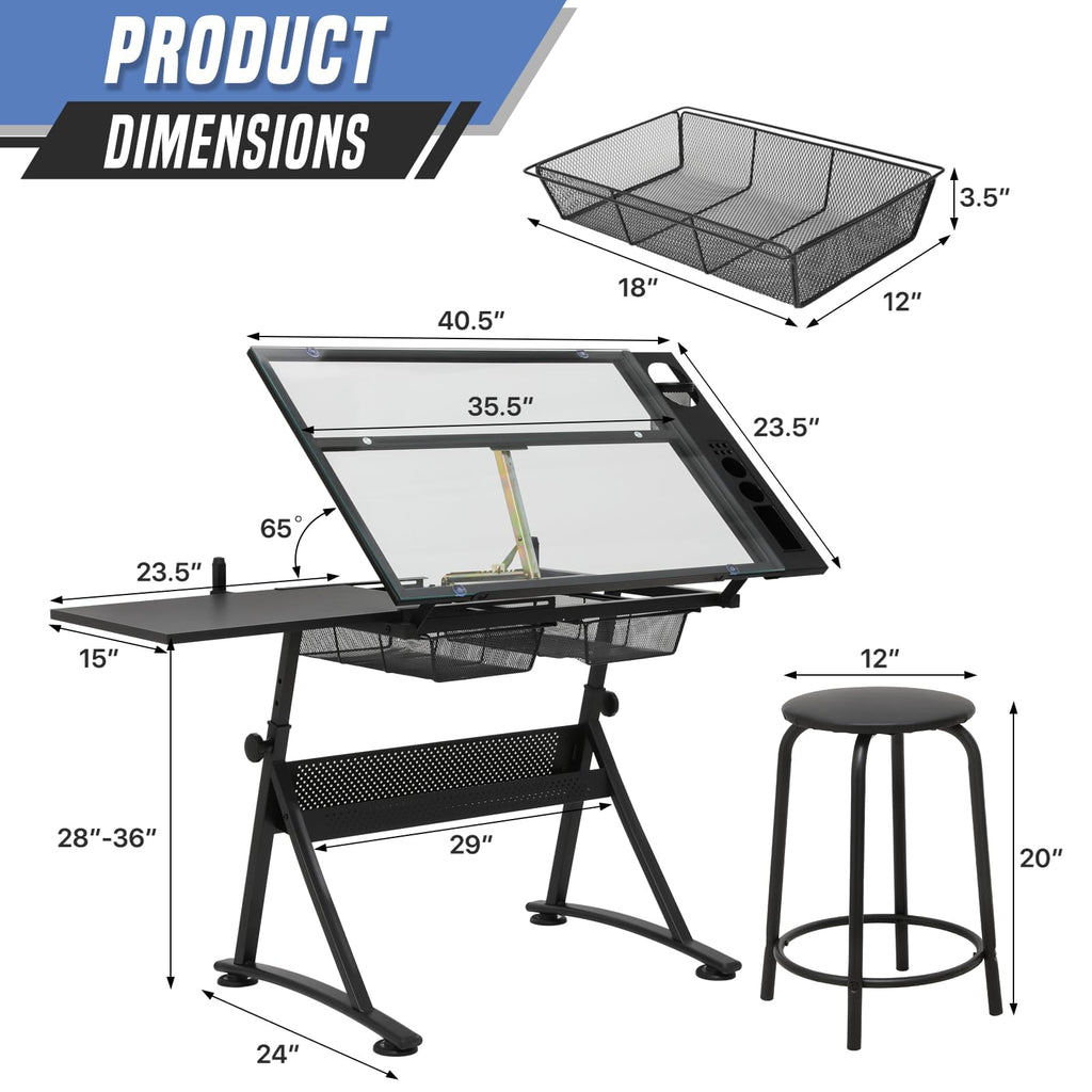 Drafting Table, Clear Glass, Angle Adjustable Top