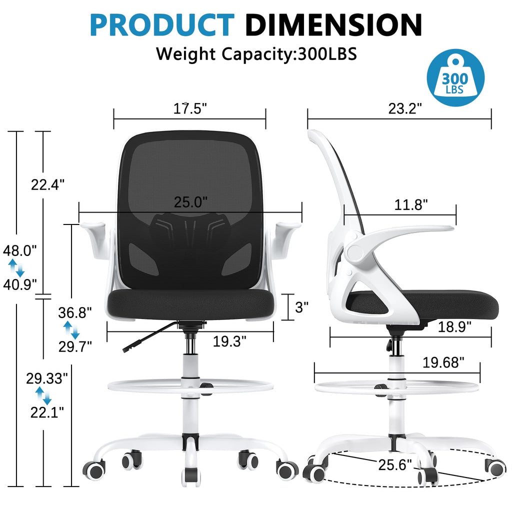 Kensaker Drafting Chair Tall Office Chair, Ergonomic Standing Desk Chair with Adjustable Foot Ring and Flip-up Armrests, Mesh Computer Chair for Art Studio, 300 LBS, Black