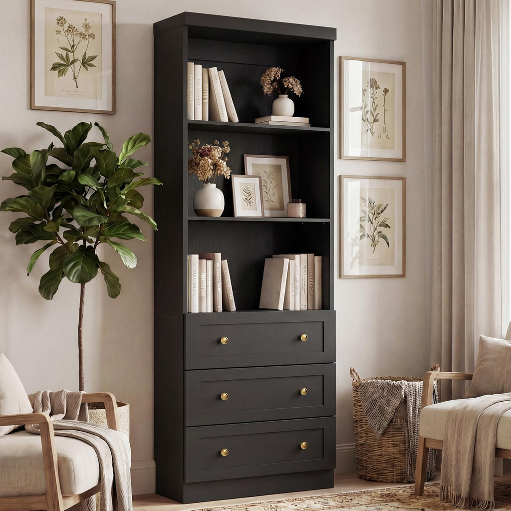 Cyclysio 80" Bookshelf with 3 Drawers and Baseboard Cutout, Set of 2