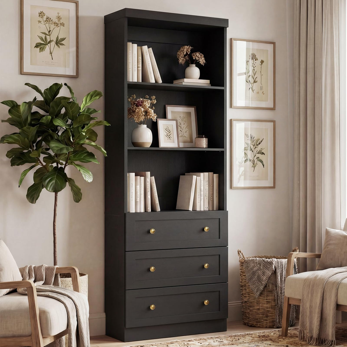 Cyclysio 80" Bookshelf with 3 Drawers and Baseboard Cutout, Set of 2