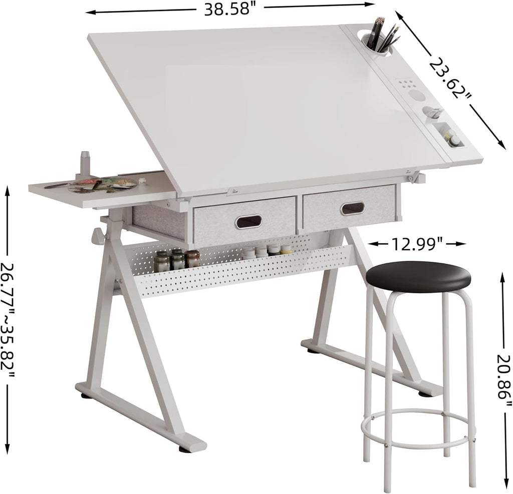 Adjustable Drafting Table with Stool, 0-75Â° Tilting Art Desk, White