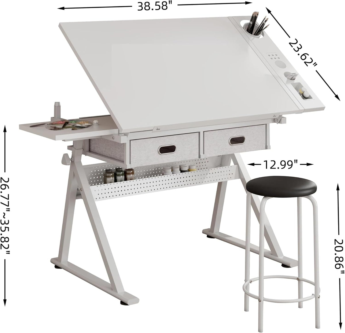 Adjustable Drafting Table with Stool, 0-75Â° Tilting Art Desk, White