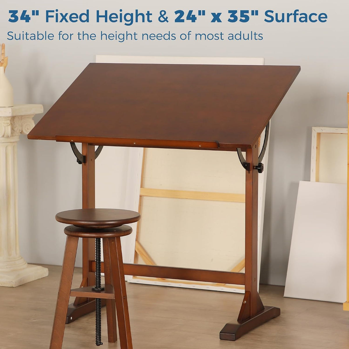 VISWIN Wood Drafting Table for Adults, 24'' x 35" Drawing Table with Adjustable Angle for Art Studio, 34" Height Solid Pine Wood Artist Desk for Drawing, Drafting, Writing, Reading, Sketching