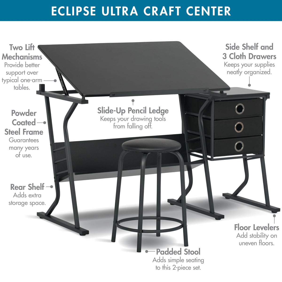 2 Piece Eclipse Ultra Center/Drawing Table with Stool, Angle Adjustable Top, Storage Shelves, and Drawers