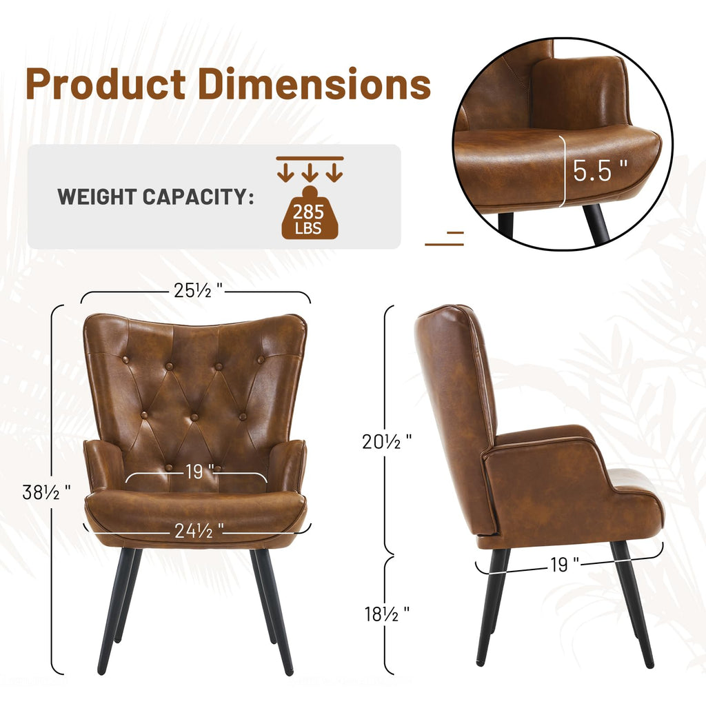 Furniliving PU Leather Accent Chair for Living Room, Upholstered Reading Chair with High Backrest, Tufted-Button Wingback Armchair for Bedroom, Dressing Room, Home Office, Brown, Set of 2