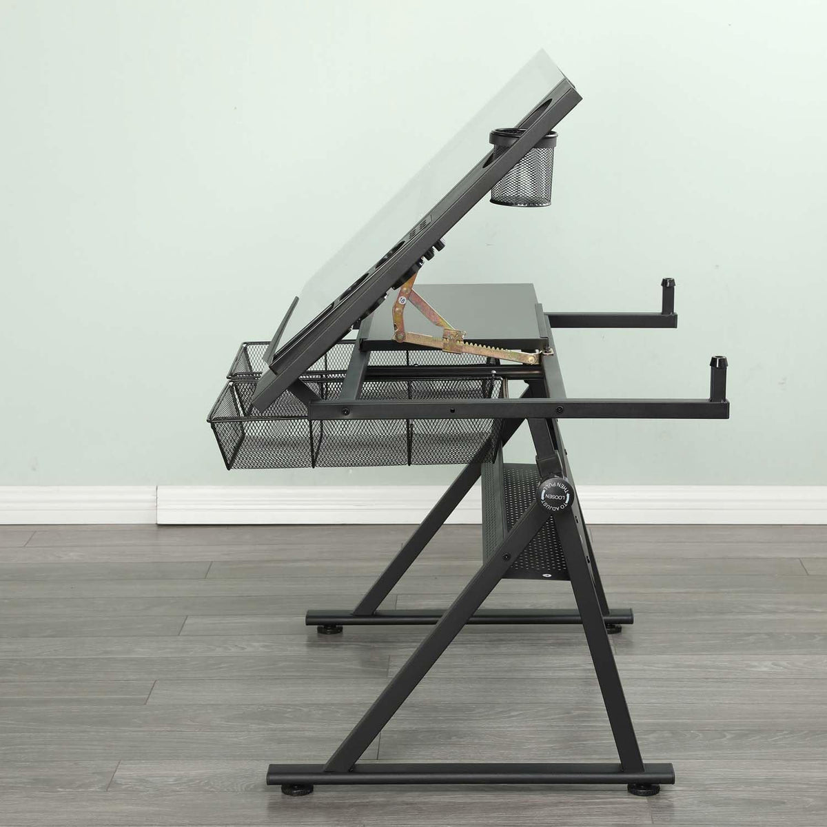 Drafting Table with Storage and Stool, Glass Art Desk for Adults Adjustable Height with 2 Metal Drawers, Craft Drawing Table Artist Desk with Extra Desktop for Reading/Writing/Studying (Black)