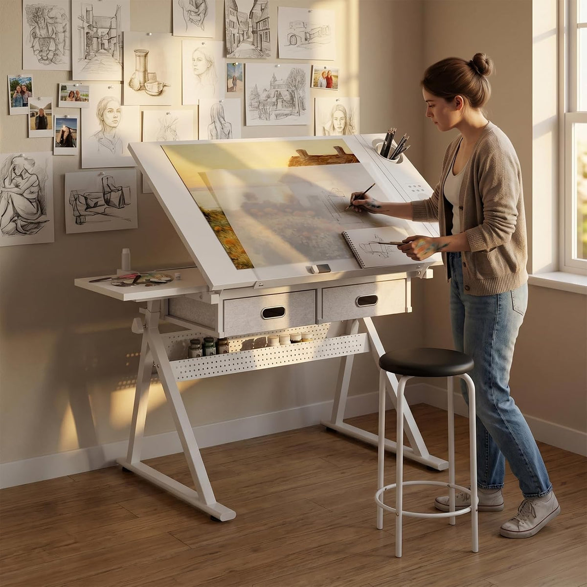 Height Adjustable Drafting Table Drawing Table Artist Desk Tilting Tabletop Art Craft Desk with 2 Storage Drawers and Stool, Art Craft Desk for Artist Painters Drawing Painting (All White)
