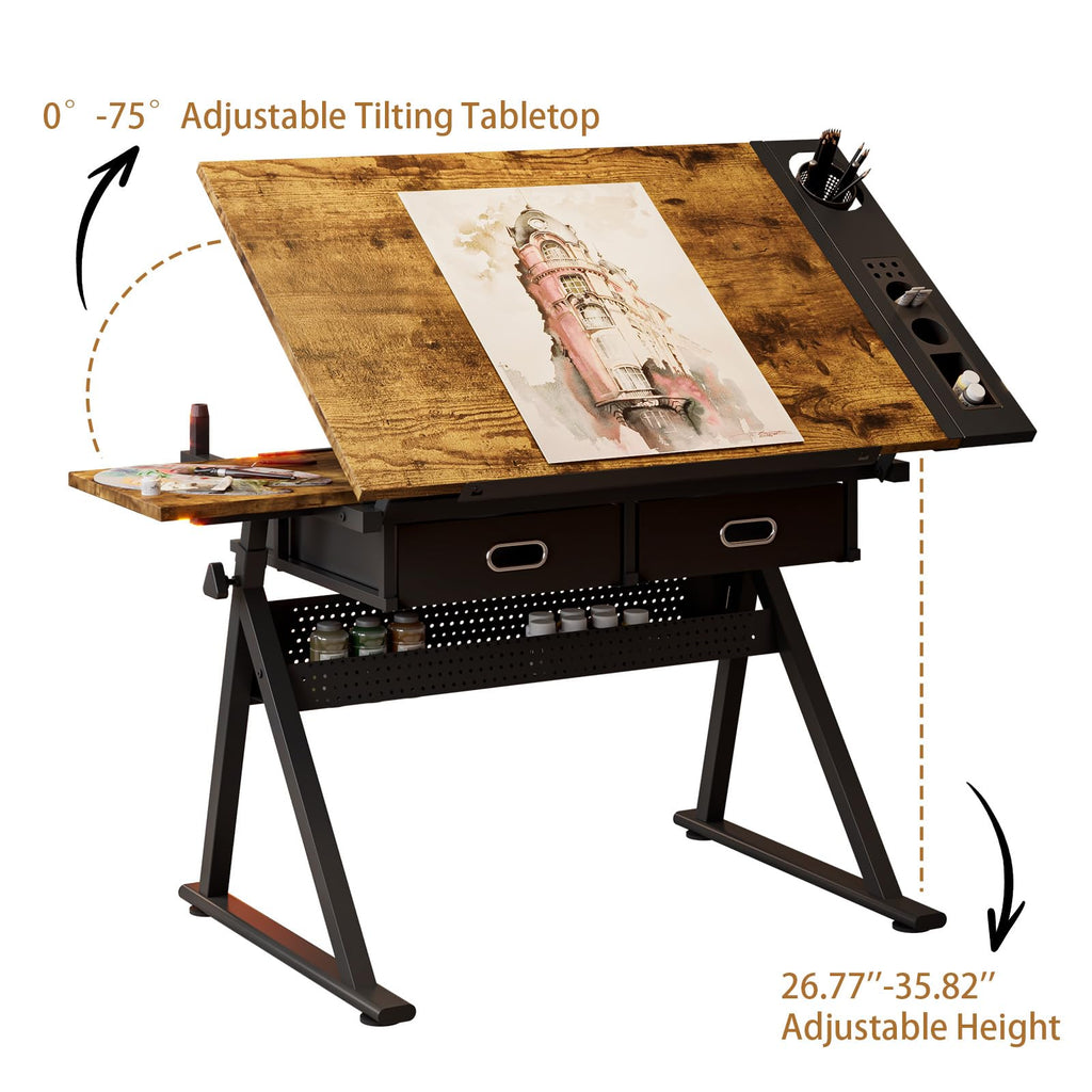 Drafting Table and Stool Set for Adults/Artists, Drawing Table with Adjustable Tabletop and Height, Art Workstation for Painters Crafting Reading Writing Home Office, All White
