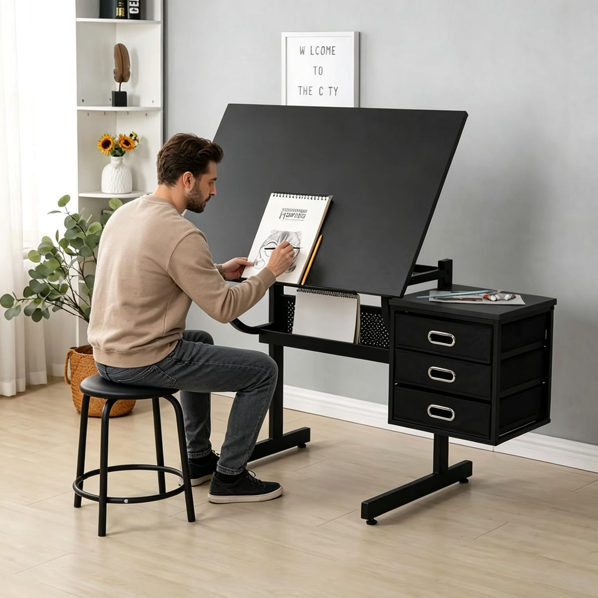 Drafting Table, Height Adjustable Art Table with Stool,T1-All White