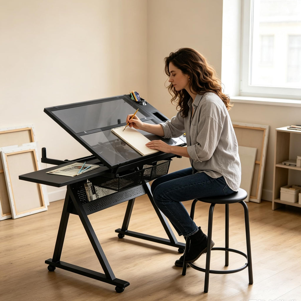 Drafting Table, Adjustable Height Drawing Table Art Table Painting Table Art Craft Desk with 0-75Â° Tilting Glass Tabletop and Storage Drawers, Black