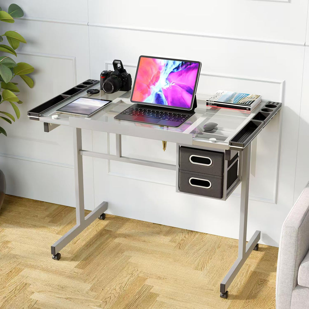 OS MOTOR Adjustable Height Drafting Table with Wood Top, Art Craft Desk with Slide-Out Drawers, Storage, for Drawing, Writing, Painting, and Creative Tasks, Ideal for Home Office, Natural