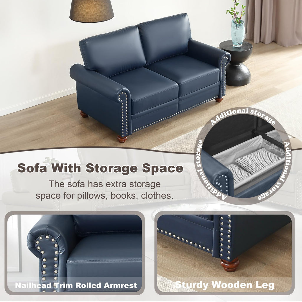 2 Piece Faux Leather Sofa Set,Modern Couch and Loveseat Sets with Storage,Mid Century Couch with Rivet Rolled Arm,Comfy Deep Seat Sofa,Furniture for Living Room,Office(Loveseat+3 Seater,Navy)