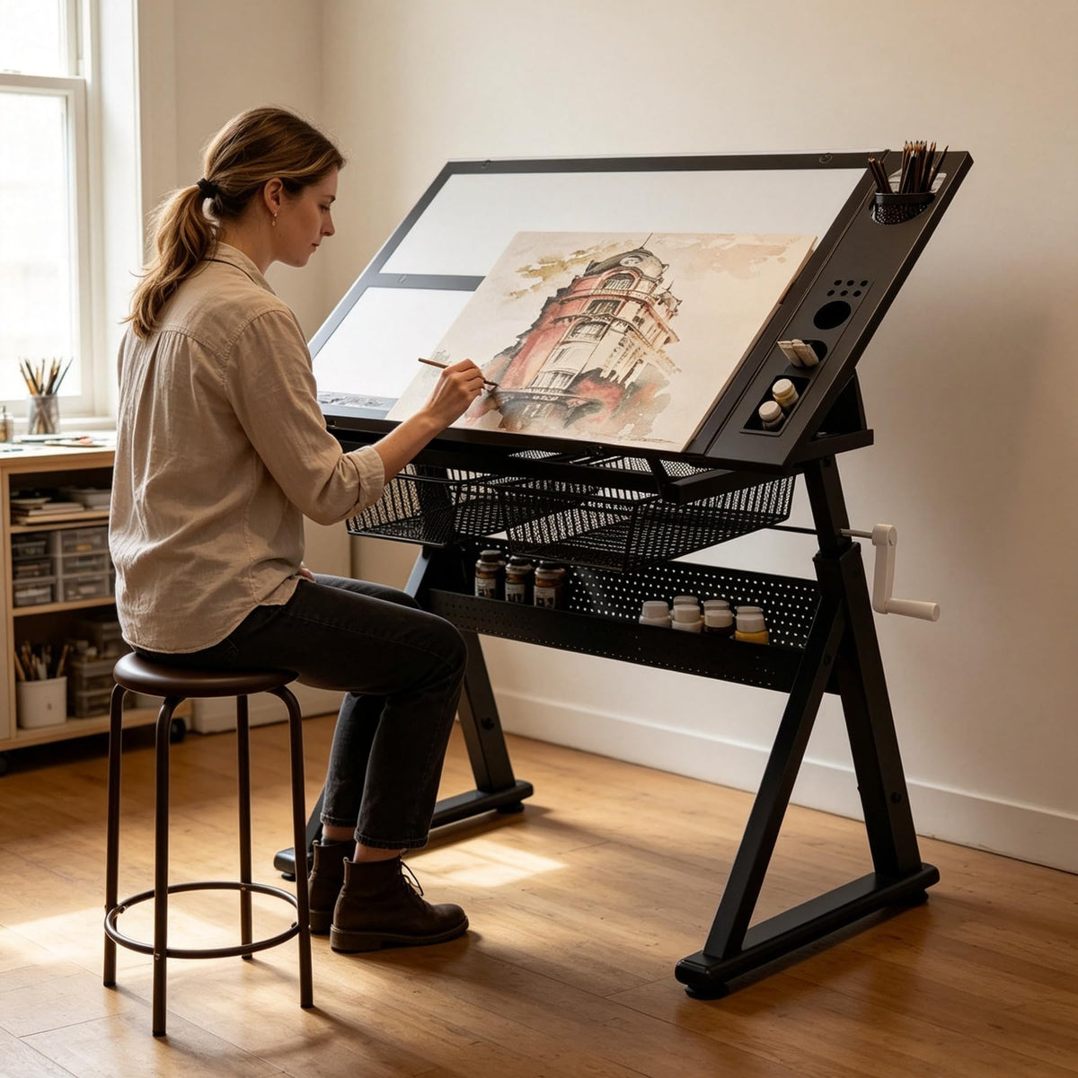 Drafting Table, Height Adjustable Art Tabe with Stool, Black