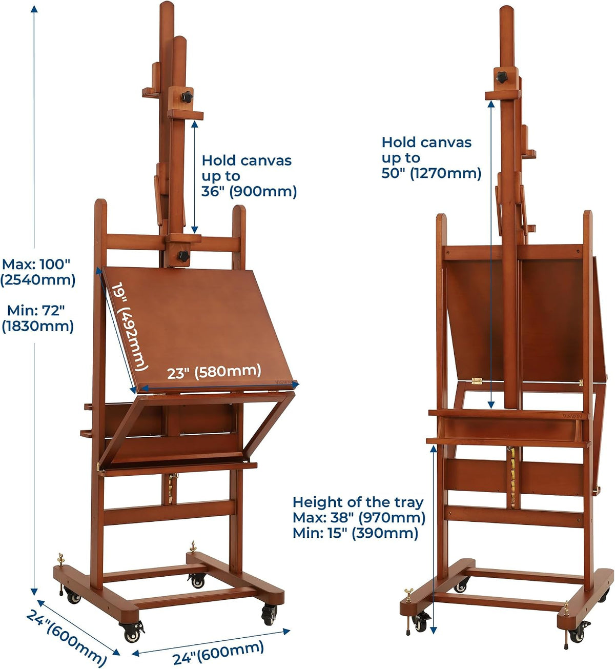 VISWIN Double-Sided Easel & Drafting Table, Hold 1 or 2 Canvas, Solid Beech Wood Artist Easel for Painting Canvas, Adjustable H Frame Easel with Tray & Wheels, Art Easel Stand for Adults, Artists