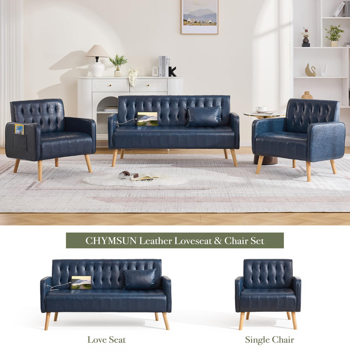 57â Small Faux Leather Loveseat Couch and Accent Chair Set of 2 (3, Black)