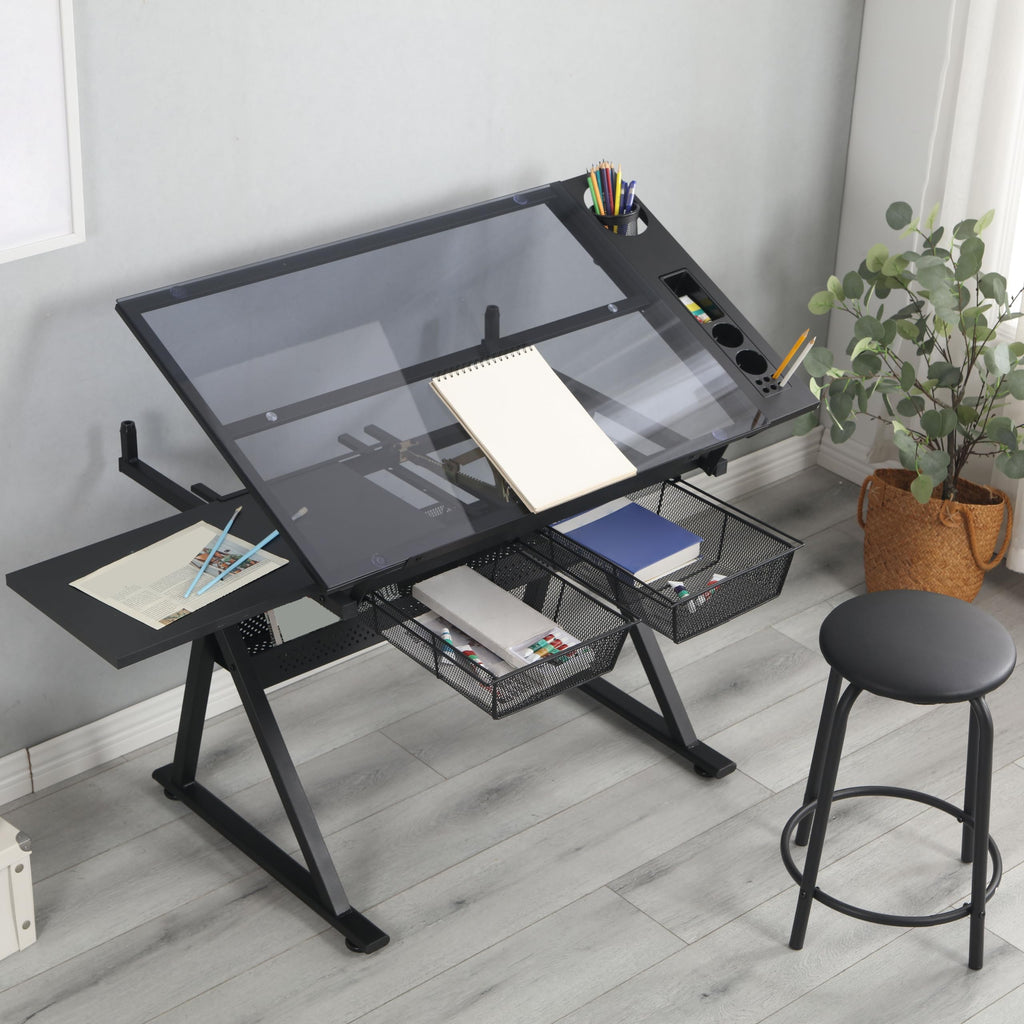 Adjustable Drafting Table with Stool, 0-75Â° Tilting Art Desk, White