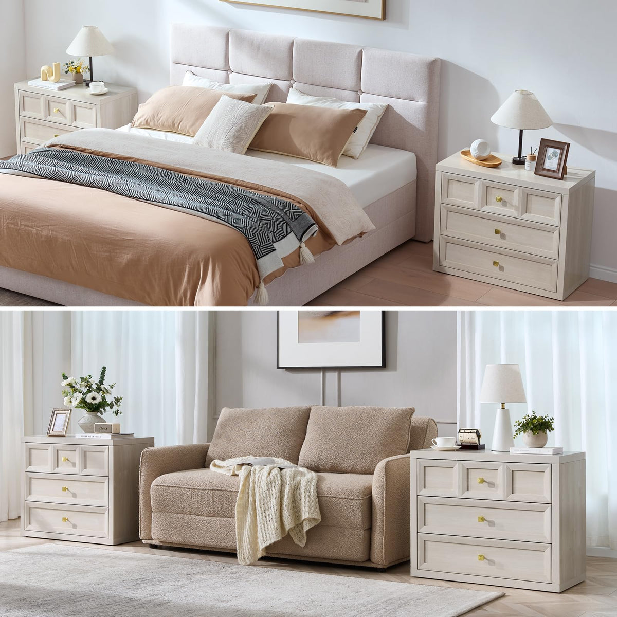 3 Drawers Nightstand Set of 2 W/Charging Station, 30.7" W King Size Bedside Table with 3 Drawers, Accent End Table W/Large Storage, Modern Wood Side Table for Bedroom,Office (2 Pieces, Gray Black)