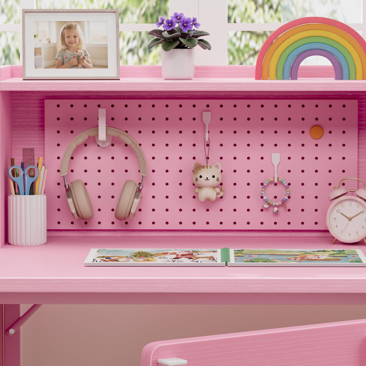 BOLUO Kids Desk and Chair Set for 6-12 Year Old, Children Study Desk with Hutch and Pegboard, Student Writing Table with Storage Shelf for Girls Boys