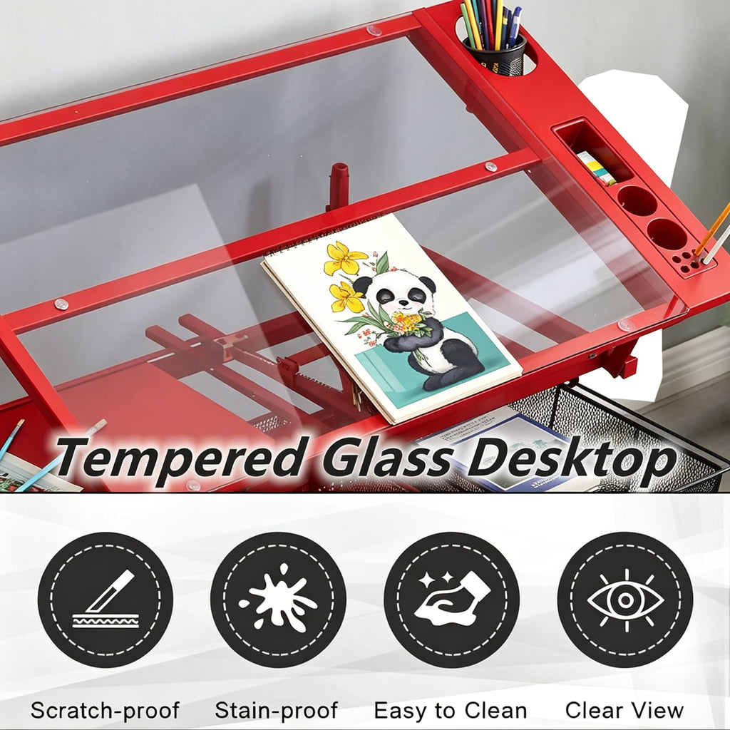 Drafting Table, Adjustable Height Drawing Table Art Table Painting Table Art Craft Desk with 0-75Â° Tilting Glass Tabletop and Storage Drawers, Black