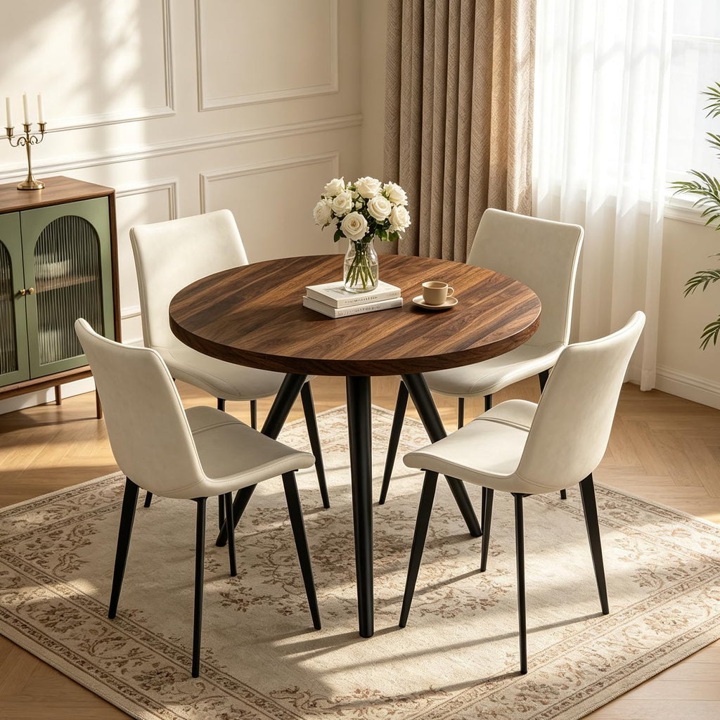 34.6" Round Dining Table Set for 4, Modern Kitchen Coffee Table Set, Walnut