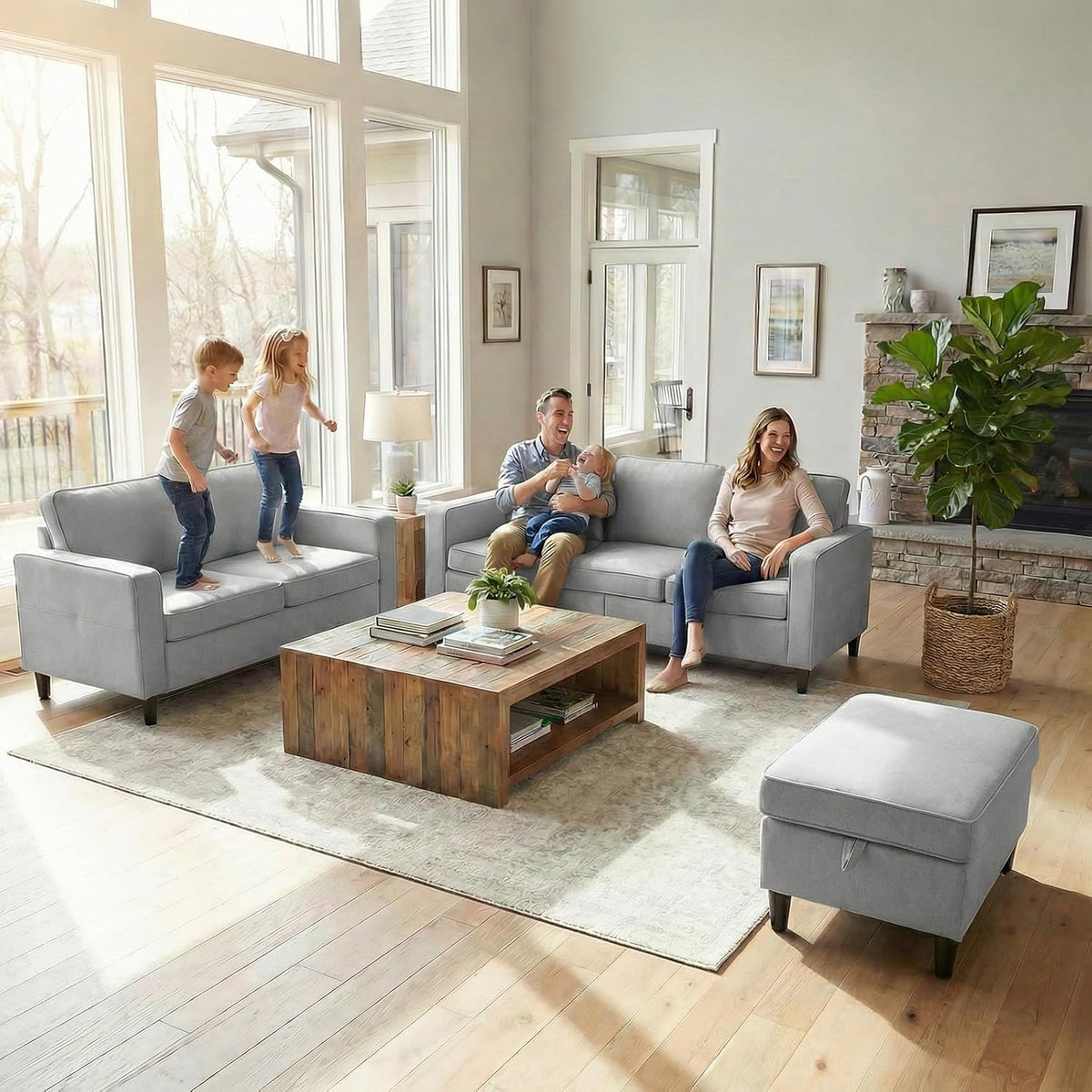Mjkone 78"W 3 Pieces Sofa Couches Set for Living Room Sets Furniture, Sectional L Shaped 3-Seater Small Sofas Couch and Loveseat Sets with Storage Ottoman and Side Pockets for Home Office, Light Gray