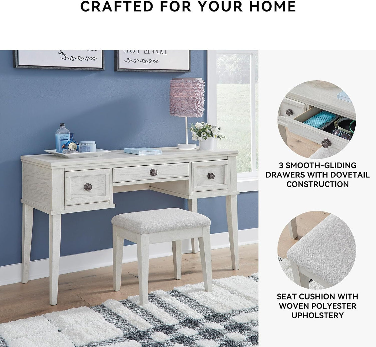 Signature Design by Ashley Makeup Vanity Desk with Stool, Antiqued White