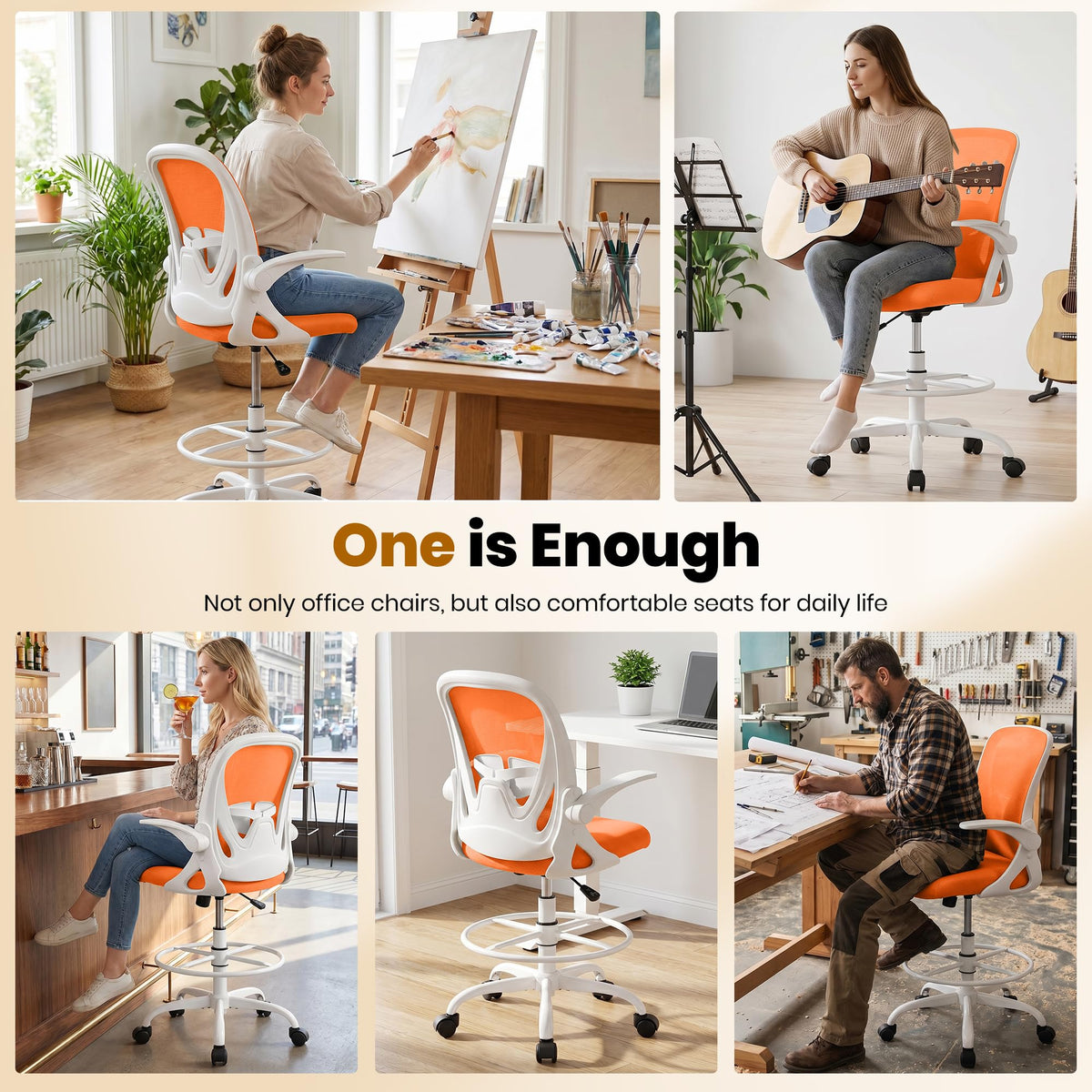 Drafting Chair Tall Office Chair with Flip-up Armrests, Adjustable Height, and Enhanced Lumbar Support - Ergonomic Rolling Stool, Back Support, and Adjustable Foot Rest Ring for Standing Desk White
