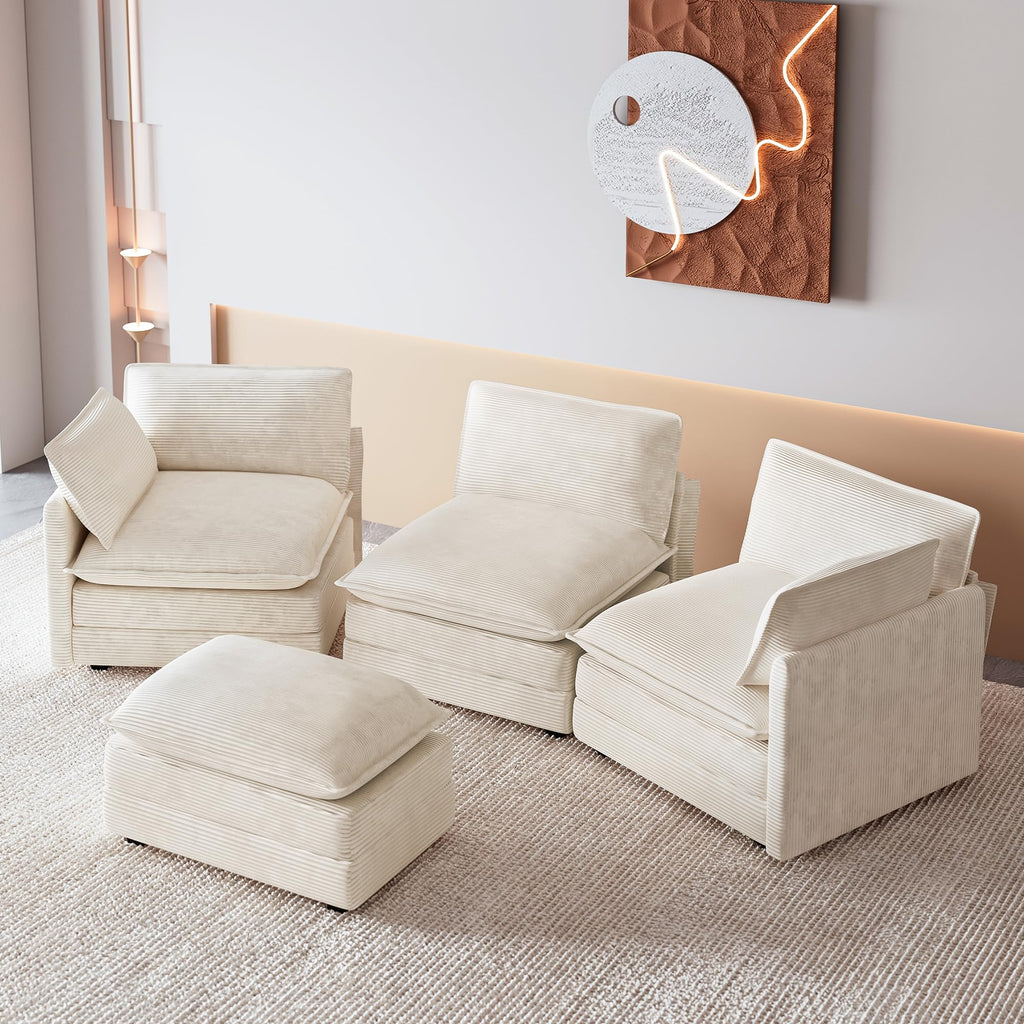 ROWHY 41'' Single Armchair with Ottoman, Modern Corduroy Cloud Couch with Convertible Chaise, Upholstered Sofa Set for Living Room, Green