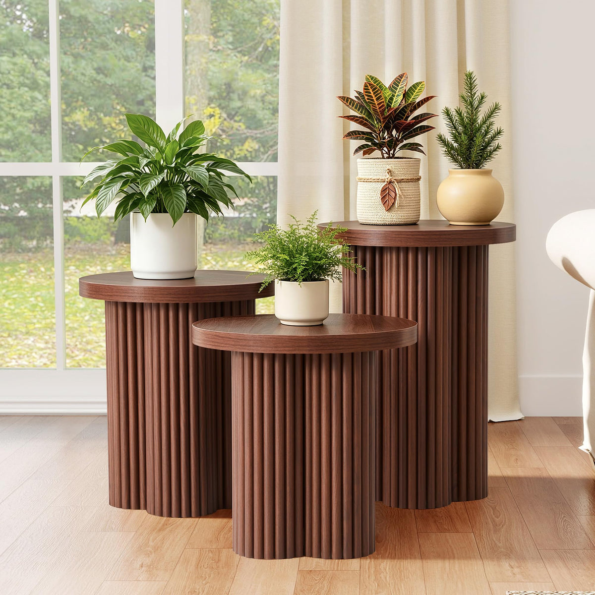 Round Nesting Coffee Table Set of 3 Fluted Coffee Table (Natural)