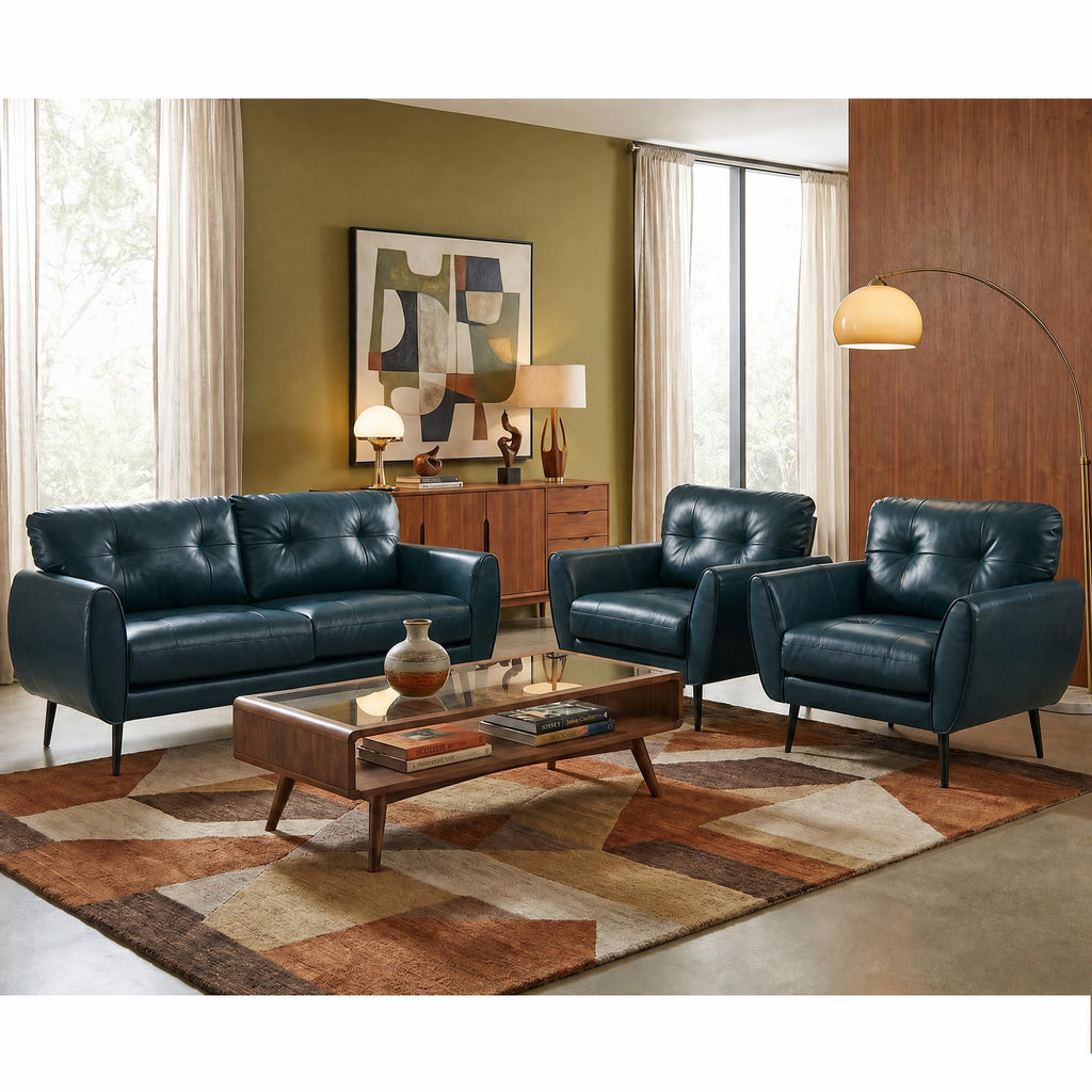 61'' Small Leather Loveseat and Chair, 3 Piece Living Room Sets, Black