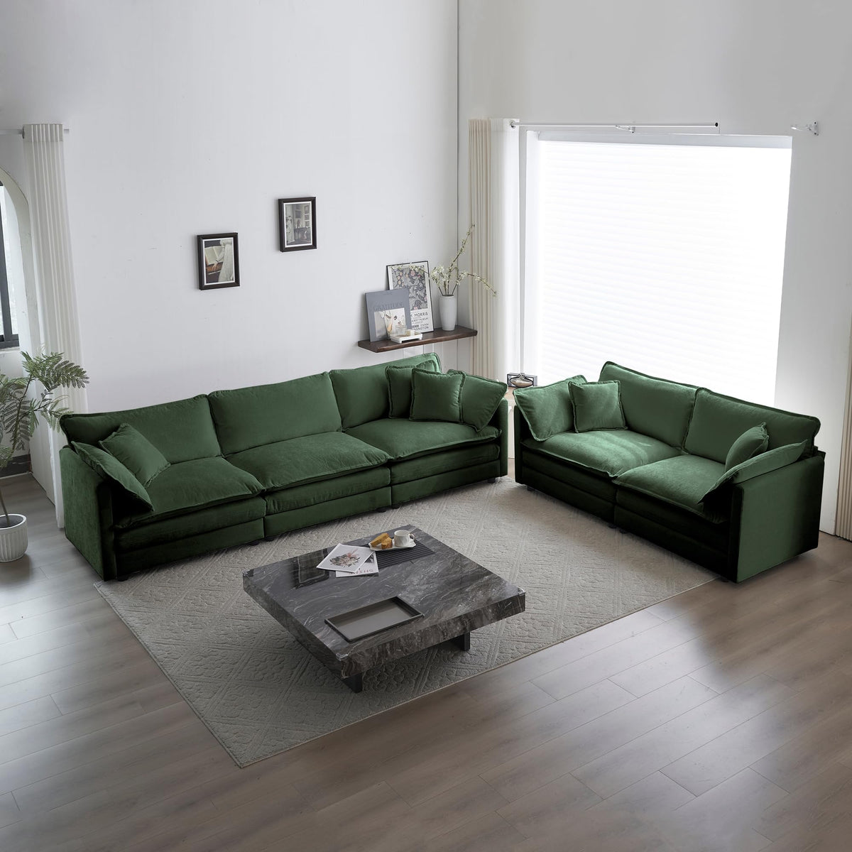 mikibama Luxury 2 Piece Loveseat Couch & Sofa Armchair Set, Modern Upholstered Chenille Cloud Couches Set Furniture with 5 Pillow for Living Room Bedroom Office Apartment, Evergreen