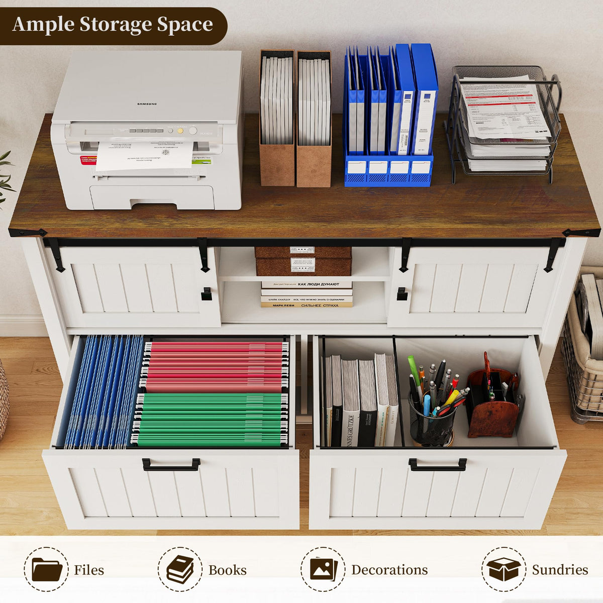 Farmhouse 3-Piece Home Office Set â 46" Wide 2-Drawer Lateral File Cabinet with Power Outlets & USB, Two 71" Tall 5-Tier Bookcases with Adjustable Shelves & Anti-Tip Kit, Black