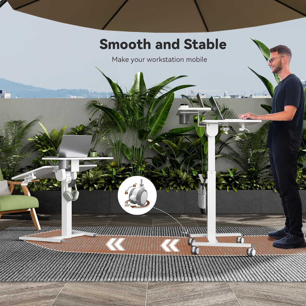 28" Mobile Standing Desk, Tiltable Top with 2-Tier Shelves, White
