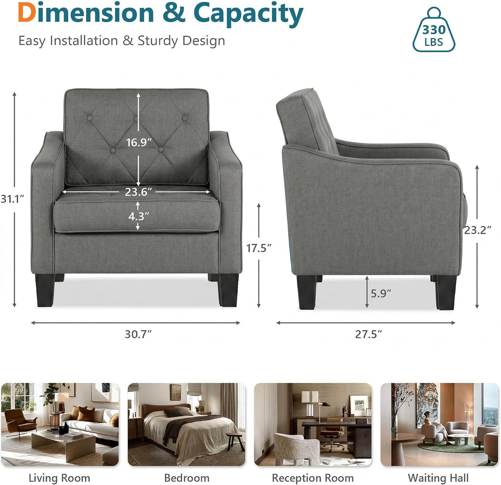 Grey Accent Chairs Set of 2, Wide Comfy Arm Chairs for Living Room, Office