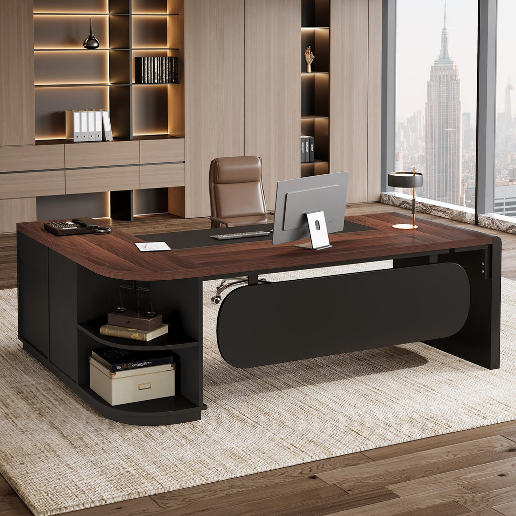 Tribesigns 81-Inch L-Shaped Office Desk, Large Commercial Office Desk with Drawers and File Cabinet, Modern Professional Business Furniture Workstations with Storage Shelves, Brown & Black