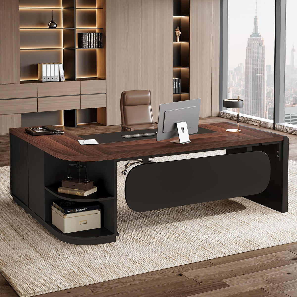 Tribesigns 81-Inch L-Shaped Office Desk, Large Commercial Office Desk with Drawers and File Cabinet, Modern Professional Business Furniture Workstations with Storage Shelves, Brown & Black