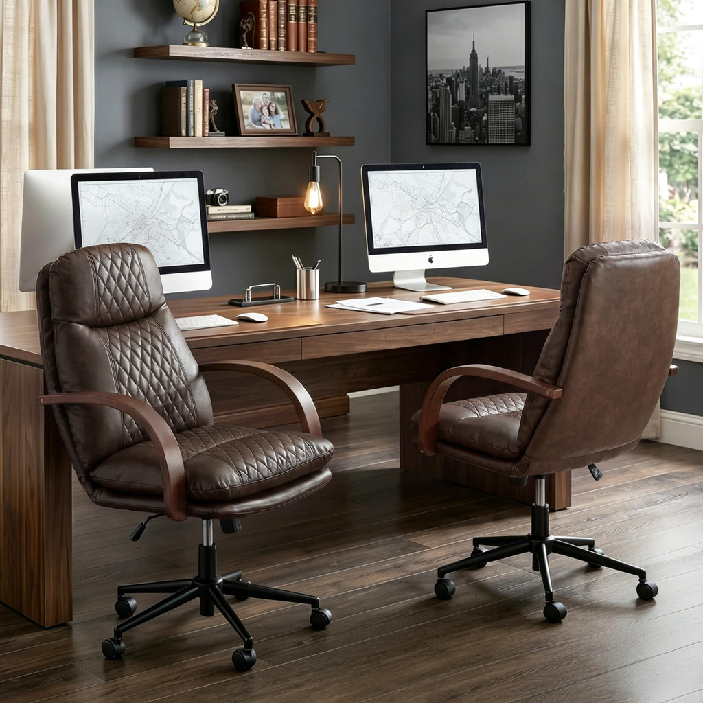 KISLOT Home Office Desk Chair, Ergonomic Office Chair with Lumbar Support, Adjustable Swivel Computer Chair with Wheels, Faux Leather Executive Task Chair with Wood Arms, Set of 2, Brown