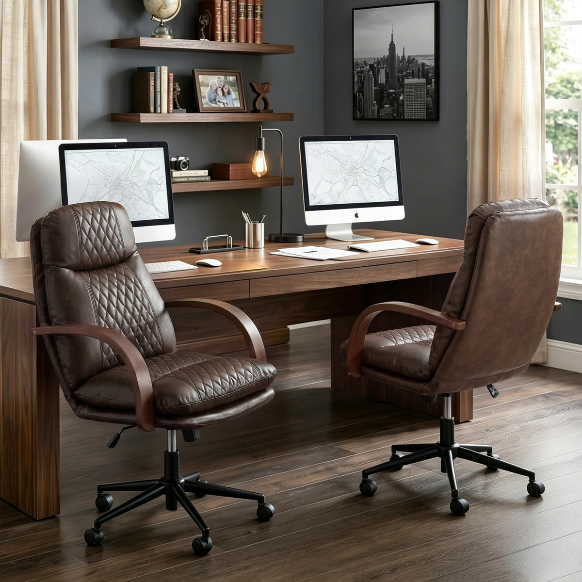 KISLOT Home Office Desk Chair, Ergonomic Office Chair with Lumbar Support, Adjustable Swivel Computer Chair with Wheels, Faux Leather Executive Task Chair with Wood Arms, Set of 2, Brown