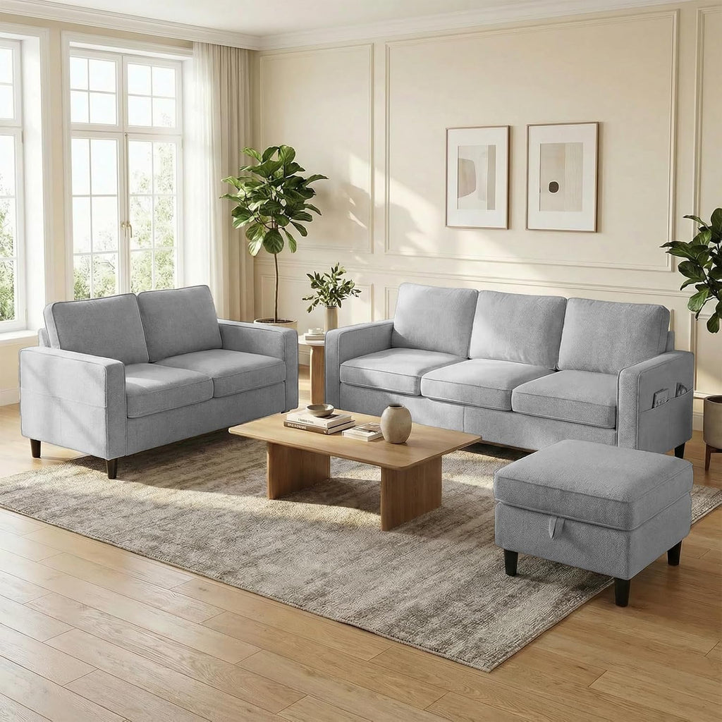 Mjkone 78"W 3 Pieces Sofa Couches Set for Living Room Sets Furniture, Sectional L Shaped 3-Seater Small Sofas Couch and Loveseat Sets with Storage Ottoman and Side Pockets for Home Office, Light Gray