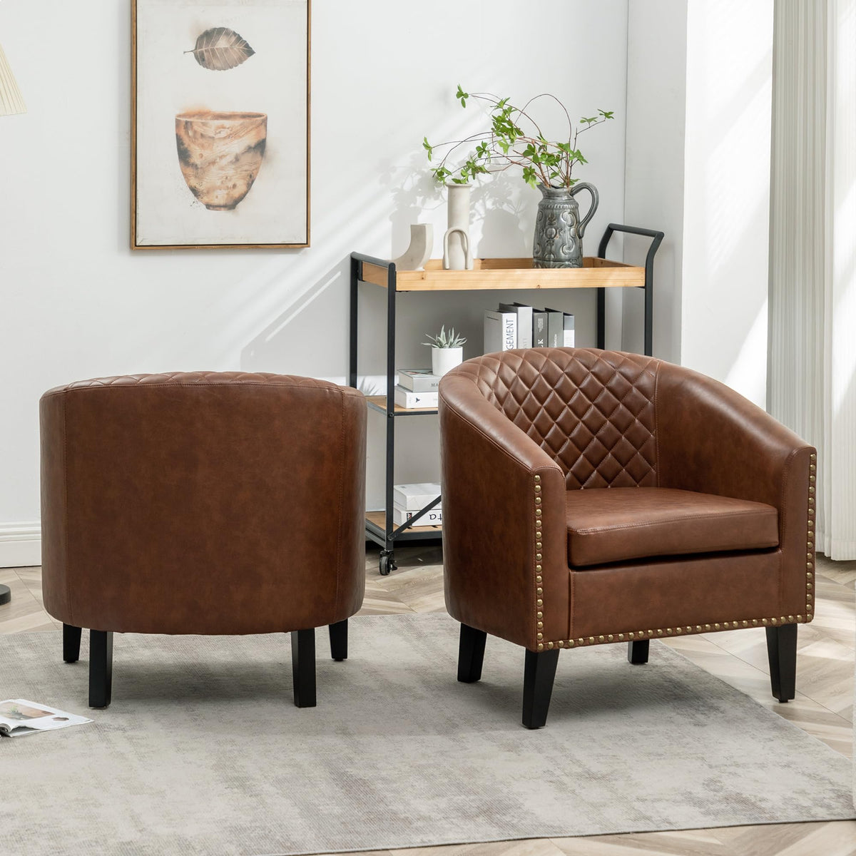 KINWELL 29" W Faux Leather Tufted PU Barrel Club Chairs Set of 2, Black