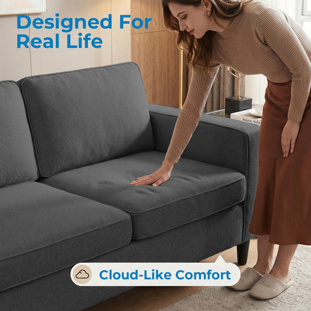 Mjkone 78"W 3 Pieces Sofa Couches Set for Living Room Sets Furniture, Sectional L Shaped 3-Seater Small Sofas Couch and Loveseat Sets with Storage Ottoman and Side Pockets for Home Office, Light Gray