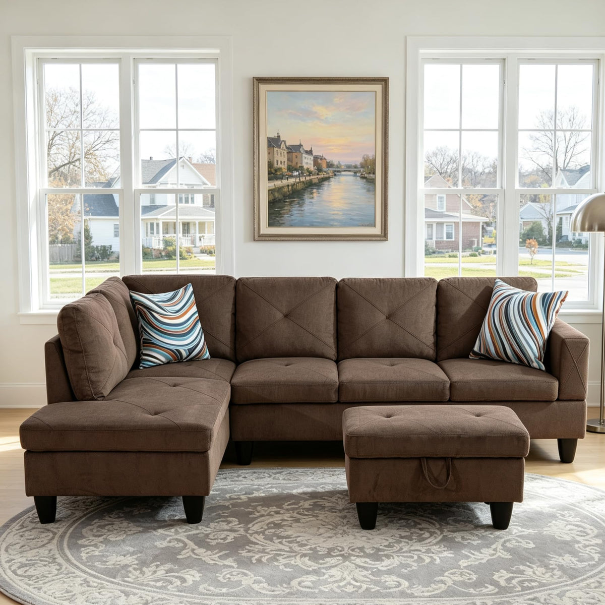 97.5" L-Shaped Modular Sectional Sofa with Movable Chaise & Storage Ottoman, 3 Piece Convertible Leather Couch, 4 Seat Gloss Black Living Room Furniture Set for Apartment Home Office