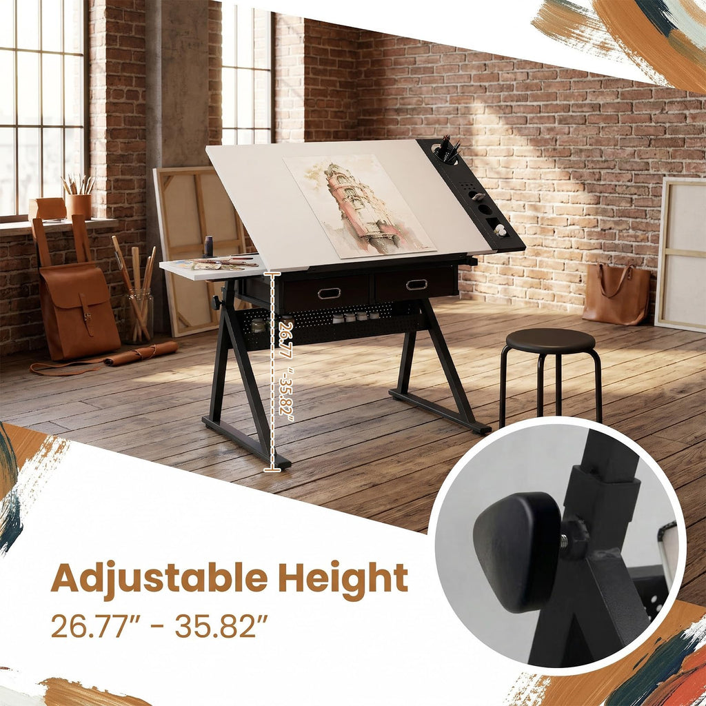 Drafting Table with Stool Height Adjustable Art Craft Desk with Storage, Tilting MDF Tabletop, Expansion Board, Drawing Table for Home Office, Artists, Painters (Rustic Brown)