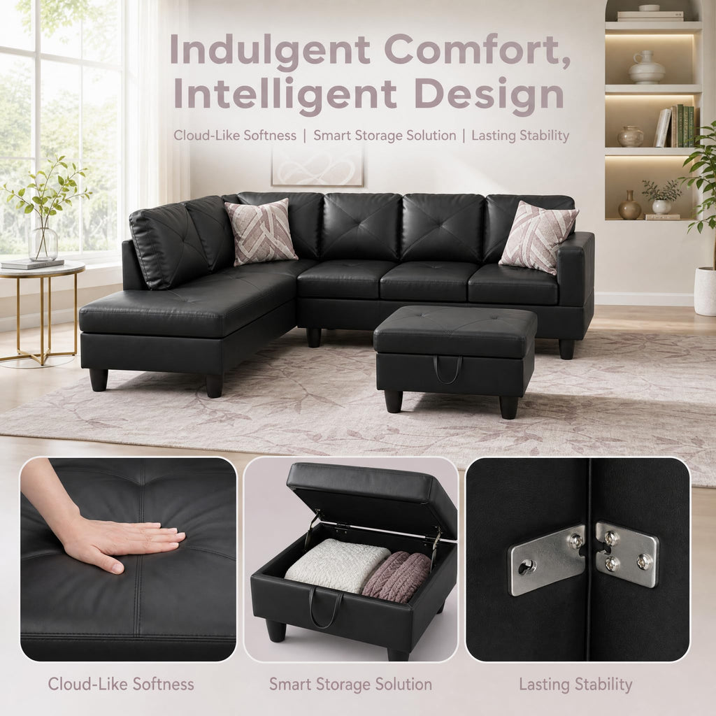 97.5" Leather L Shaped Couch with Left Chaise & Cup Holder, Sectional Sofas Modular Furniture Set with Storage Ottoman, Convertible Couches for Living Room, Office & Small Space (Black)