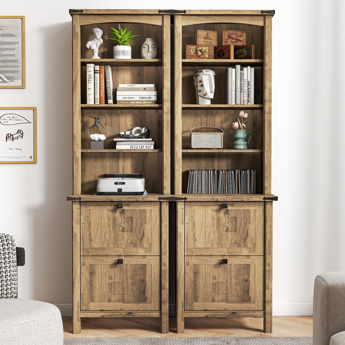 Farmhouse 3-Piece Home Office Set â 46" Wide 2-Drawer Lateral File Cabinet with Power Outlets & USB, Two 71" Tall 5-Tier Bookcases with Adjustable Shelves & Anti-Tip Kit, Black