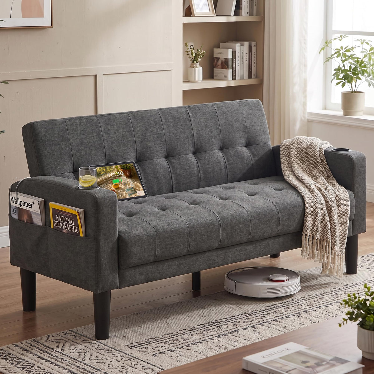 2 Piece Dark Grey Fabric Linen Mid Century Modern Living Room Sofa Set